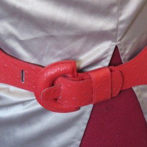 Vintage Red LEATHER & Stretchy Fabric Belt Med. Length (K357)
